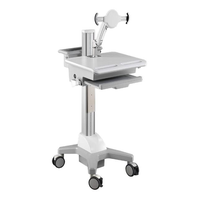 ErgoGrade EGCNT02 移動式螢幕支架，專為20吋以下顯示器設計，臺灣原廠製造，提供桌面載重≤7.5kg及螢幕載重2.5kg的穩定支撐。採用鋼/鋁合金/塑膠材質，支援VESA 100x100 / 75x75mm安裝，包裝尺寸1420x715x260mm，白色系外觀時尚，3年保固保障品質。適合辦公室或居家使用，提升工作效率與空間利用，ErgoGrade EGCNT02 移動式螢幕臂讓您的桌面更整潔舒適。