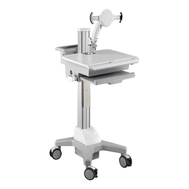 ErgoGrade EGCNT02 移動式螢幕支架，專為20吋以下顯示器設計，臺灣原廠製造，提供桌面載重≤7.5kg及螢幕載重2.5kg的穩定支撐。採用鋼/鋁合金/塑膠材質，支援VESA 100x100 / 75x75mm安裝，包裝尺寸1420x715x260mm，白色系外觀時尚，3年保固保障品質。適合辦公室或居家使用，提升工作效率與空間利用，ErgoGrade EGCNT02 移動式螢幕臂讓您的桌面更整潔舒適。
