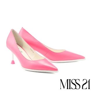 【MISS 21】極簡俐落羊油皮尖頭撞色高跟鞋(粉)