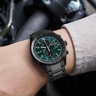 【CITIZEN 星辰】亞洲限定 Future Force 光動能三眼計時手錶-黑X綠 男錶 送禮 推薦(CA0775-87X)