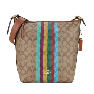 【COACH】VAL DUFFLE 經典LOGO直紋緹花流浪水桶包(卡其棕)