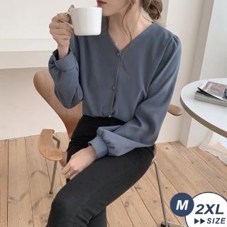 【LANNI 藍尼】★甜美溫婉氣質V領襯衫(長袖上衣/V領上衣)