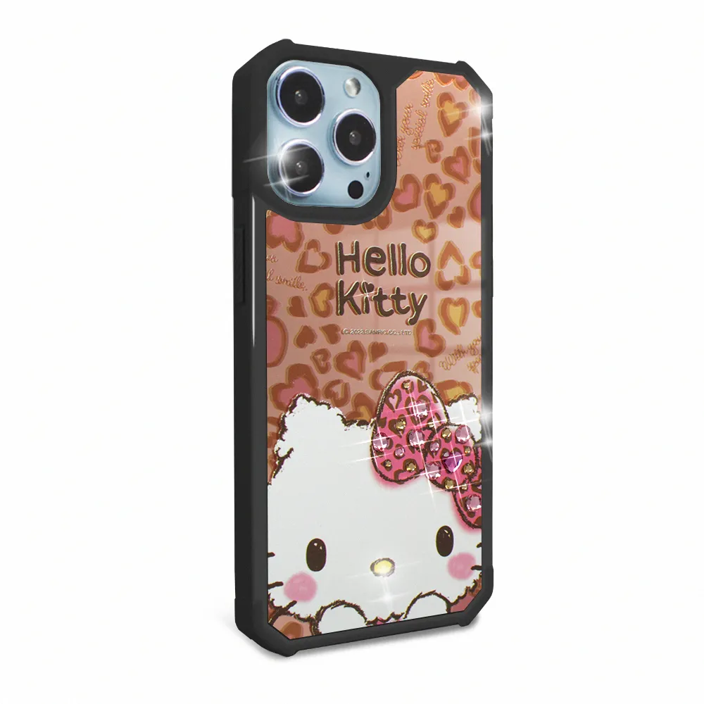 【apbs】三麗鷗 Kitty iPhone 13 Pro Max / 13 Pro / 13 軍規防摔鏡面水晶彩鑽手機殼(豹紋凱蒂)