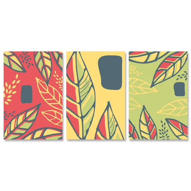 【24mama 掛畫】三聯式 油畫布 豐富 顏色 塗鴉 現代 葉子 華麗 風格 插圖 無框畫-40x60cm(創意藝術)