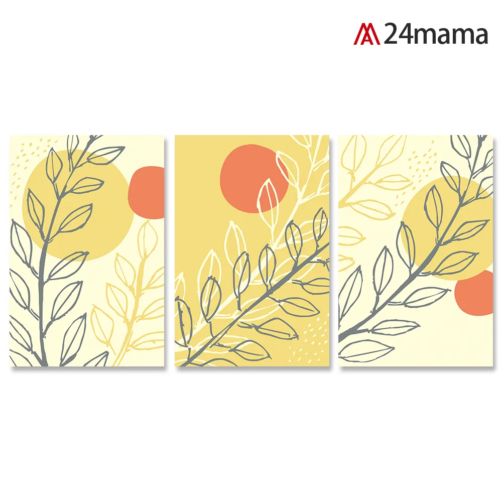 【24mama 掛畫】三聯式 油畫布 樹葉 簡單 現代 插圖 風格 無框畫-40x60cm(春天葉子)