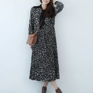 【PINK NEW GIRL】高雅復古花卉細褶長袖洋裝 J3106FD(黑色)