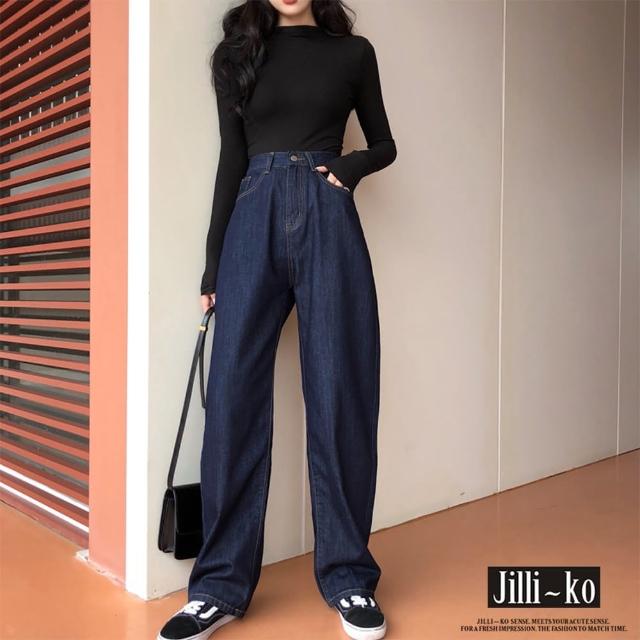 【JILLI-KO】高腰闊腿直筒牛仔長褲-M/L/XL(深藍)