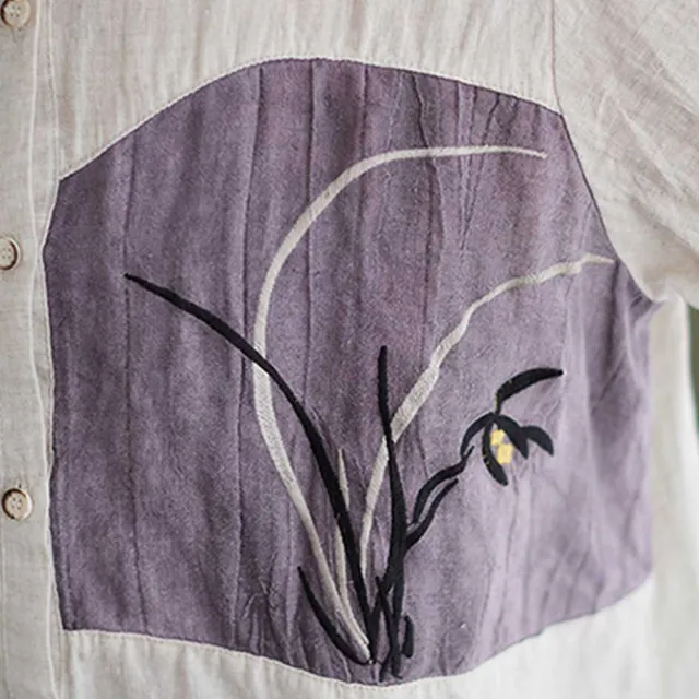 【ACheter】園園美文藝復古蘭花刺繡翻領拼色襯衫#111929現貨+預購(4色)