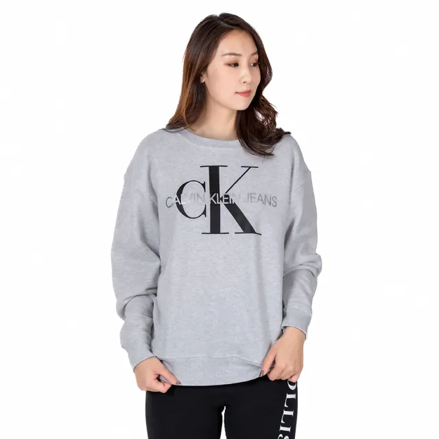 【Calvin Klein 凱文克萊】CK 經典印刷LOGO文字大學T恤 上衣-女-淺灰色(平輸品)