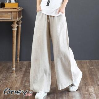 【ONEY 歐妮】★復古高腰寬鬆棉麻休閒褲(寬褲/長褲/修身/休閒)