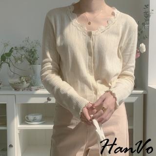 【HanVo】氣質蕾絲花邊針織衫(舒適甜美長袖針織上衣外套 韓國女裝 女生衣著 A02-1715)