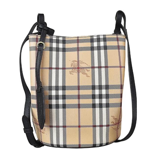 【BURBERRY 巴寶莉】BURBERRY壓印LOGO戰馬格紋小牛皮扣式斜背水桶包(卡其x黑)