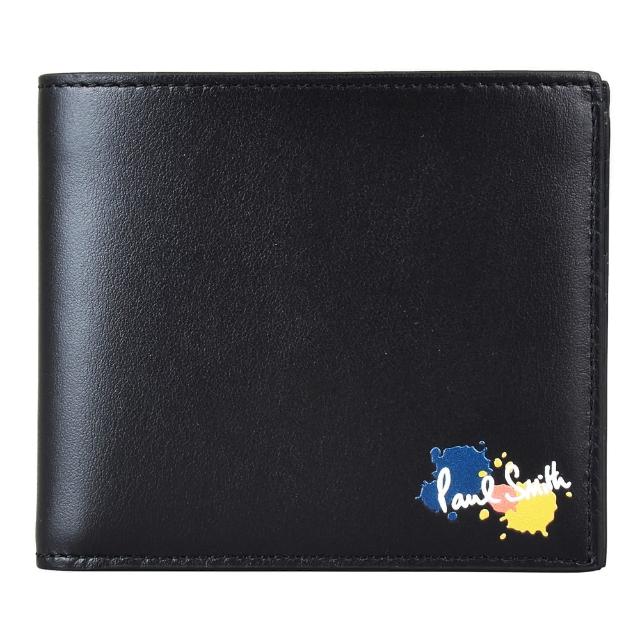 【Paul Smith】潑墨LOGO設計全皮對折短夾(黑x經典條紋)