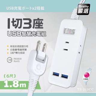 【臺灣製造 新版安規】1切3座延長線/2USB智慧型充電組/15A 1650W(1.8米/6尺/180CM)