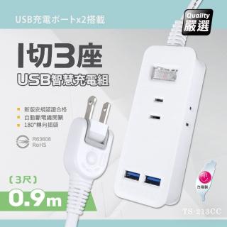 【臺灣製造 新版安規】1切3座延長線/2USB智慧型充電組/15A 1650W(0.9米/3尺/90CM)