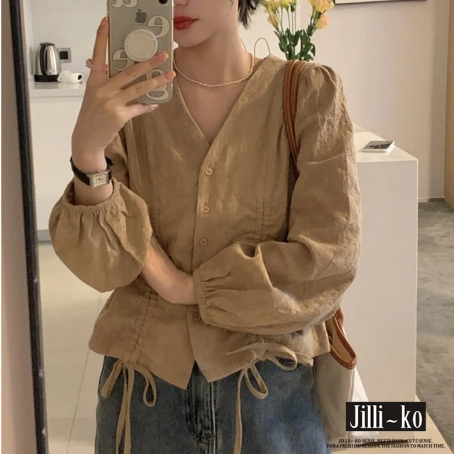【JILLI-KO】買一送一 韓版chic造型繫帶V領襯衫-F(白/卡)