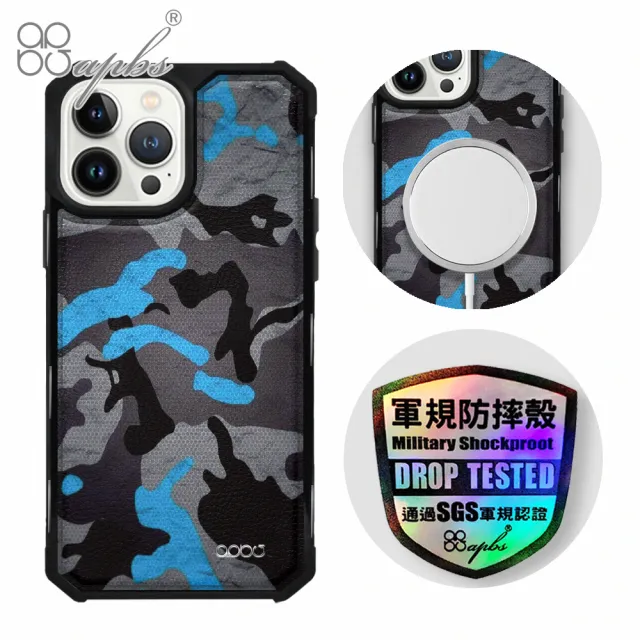 【apbs】iPhone 13 Pro Max / 13 Pro / 13 軍規防摔皮革磁吸手機殼(數位迷彩藍-黑殼)