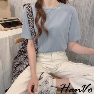 【HanVo】現貨 六色百搭素面寬鬆短袖棉T(韓版休閒圓領上衣素T 韓系女裝 女生衣著 A01-1184)