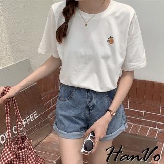 【HanVo】現貨 濟州島的小橘子刺繡純棉T(百搭顯瘦圓領短袖上衣 簡約時尚T恤 韓系女裝 女生衣著 A01-1244)