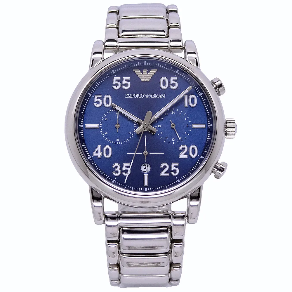 【EMPORIO ARMANI】ARMANI低調的沉穩計時優質個性腕錶-銀+藍-AR11132