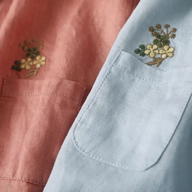 【ACheter】氣質純色刺繡花朵寬鬆棉麻七分袖襯衫上衣#111872現貨+預購(2色)