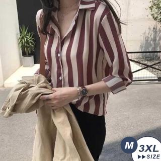 【LANNI 藍尼】★簡約隨性大條紋襯衫(長袖上衣/長袖襯衫/條紋襯衫)