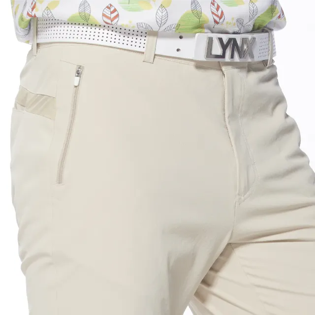 【Lynx Golf】男款日本進口布料拉鍊口袋設計後袋配布剪接平口休閒長褲(卡其色)