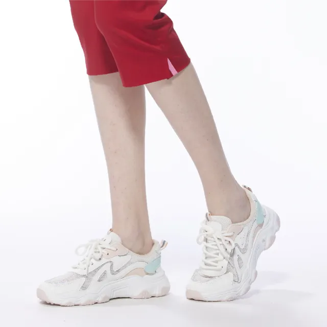 【Lynx Golf】女款彈性舒適造型織帶褲腳開衩設計窄管七分褲(紅色)