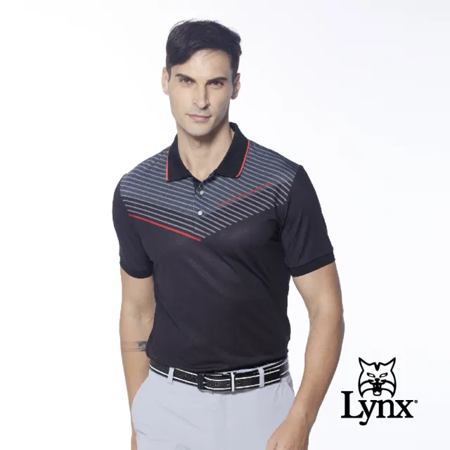 【Lynx Golf】男款涼感舒適合身版Mesh透氣半身簡約線條短袖POLO衫/高爾夫球衫(黑色)