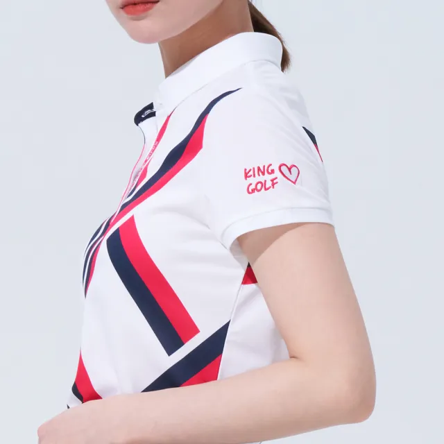 【KING GOLF】網路獨賣款-速達-女款撞色賽車條紋印圖刺繡短袖POLO衫(白色)