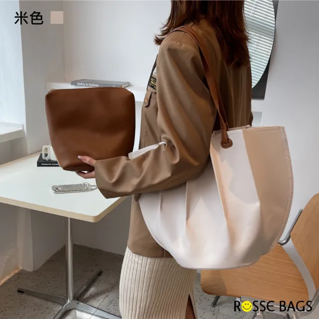 【Rosse Bags】韓版大容量單肩褶皺托特包(現+預  黑色／米色／卡其色／咖啡色)