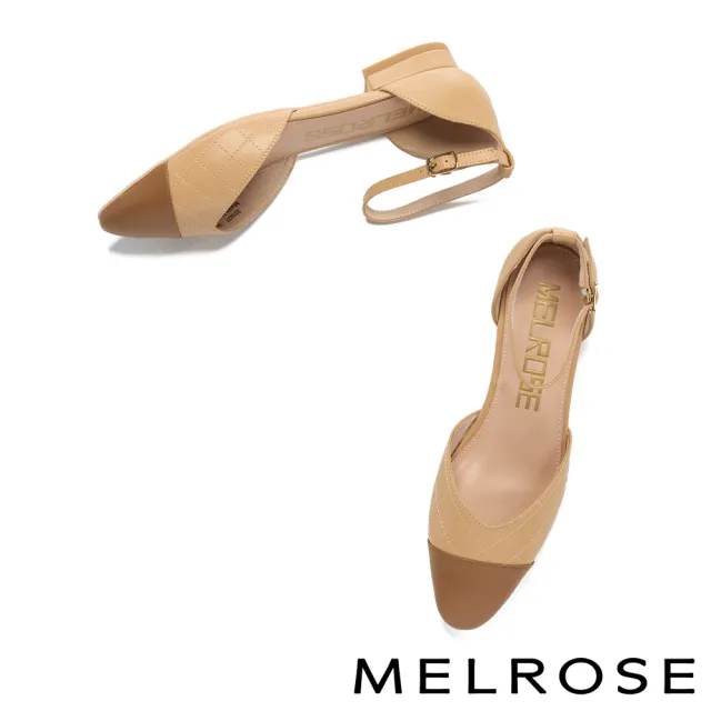 【MELROSE】時髦質感撞色拼接羊皮尖頭低跟鞋(棕)