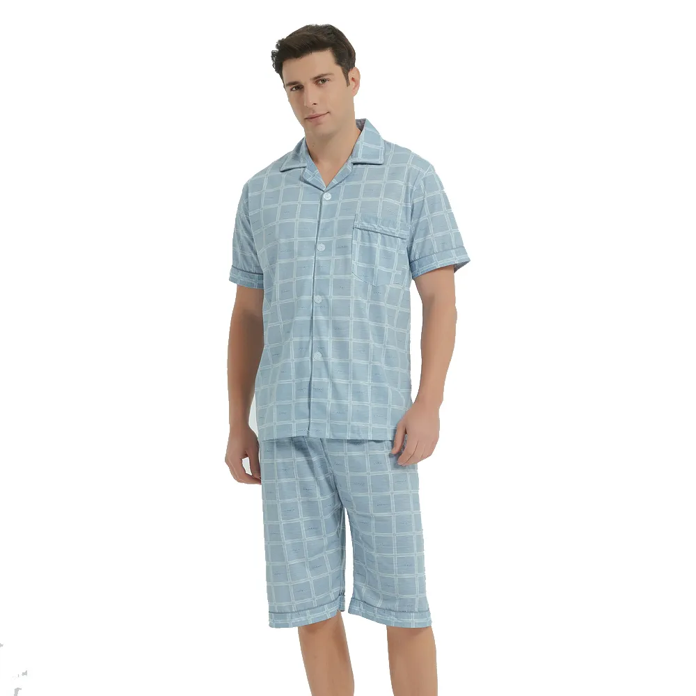 【蕾妮塔塔】學院風藍格紋 男性短袖兩件式睡衣(R18048水藍)