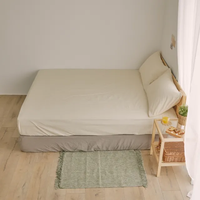 【翔仔居家】水洗長絨棉素色枕套床包3件組-奶油黃(加大)
