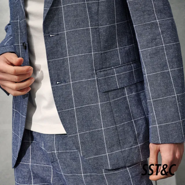 【SST&C 最後５５折】棉麻混紡灰藍窗格休閒西裝外套0612203002