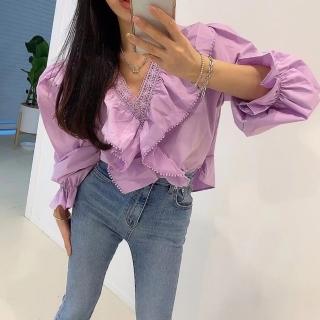 【BBHONEY】韓國東大門設計款宮廷風蕾絲荷葉泡泡袖襯衫(網美必備款)