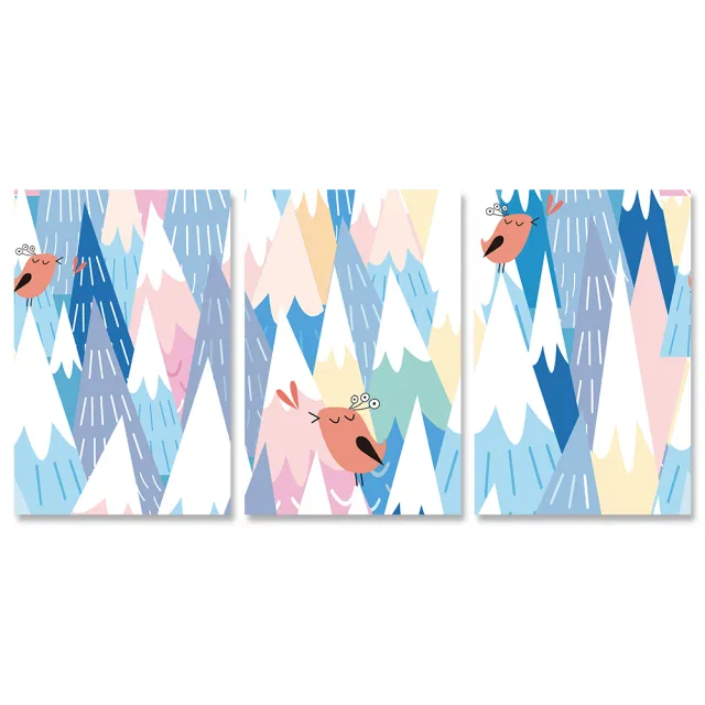 【24mama 掛畫】三聯式 油畫布 兒童房 裝飾 可愛 插圖 動物 無框畫-40x60cm(山鳥相愛)