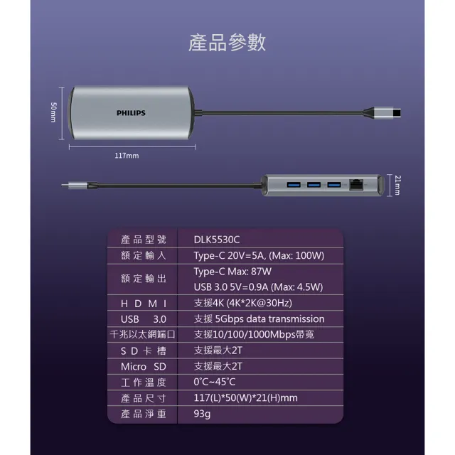 【Philips 飛利浦】DLK5530C 8合一 typeC/USB/HDMI☆ HUB集線器(4K高畫質/可PD充電)