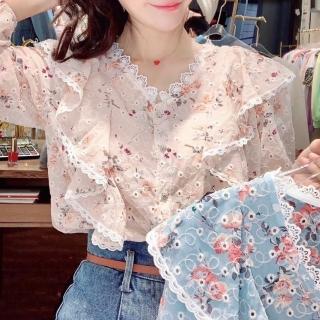 【BBHONEY】韓國設計蕾絲邊碎花荷葉雪紡襯衫(網美必備款)