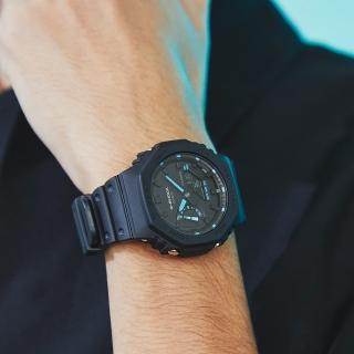 【CASIO 卡西歐】G-SHOCK 霓虹藍 耐衝擊八角雙顯電子錶 送禮 禮物 推薦(GA-2100-1A2)