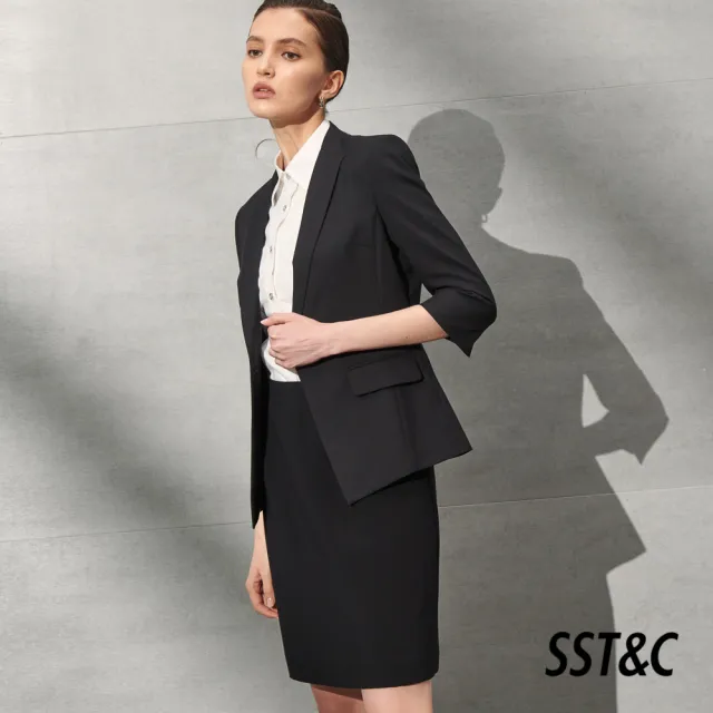 【SST&C 最後６５折】黑色設計款7分袖西裝外套7162203003