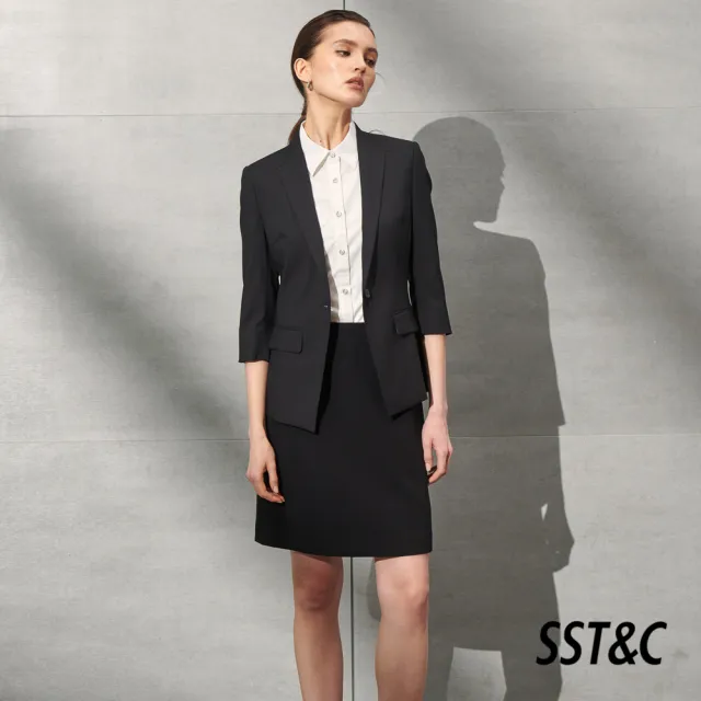 【SST&C 最後６５折】黑色設計款7分袖西裝外套7162203003