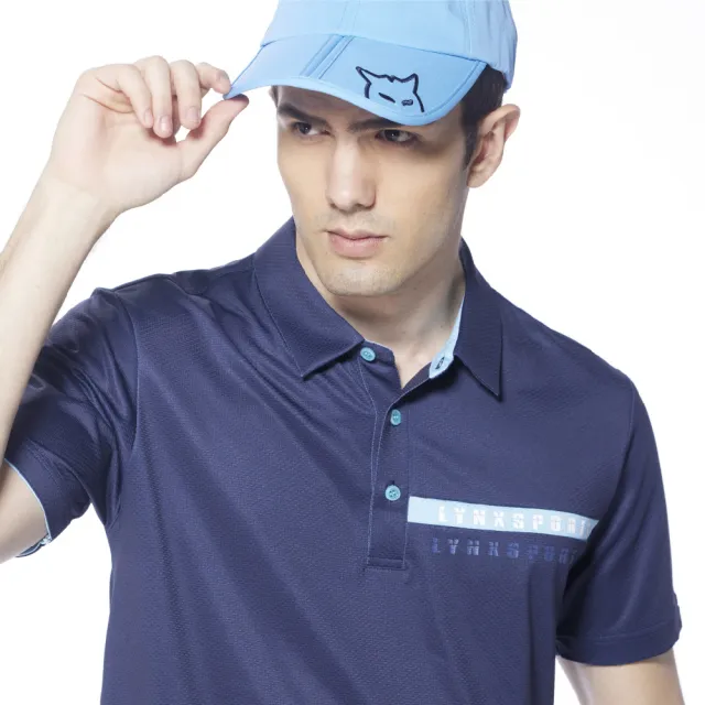 【Lynx Golf】男款吸汗速乾涼感合身版素面Lynx印花短袖POLO衫/高爾夫球衫(深藍色)