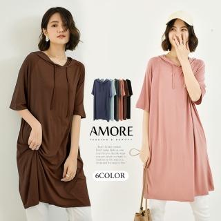 【amore】莫代爾連帽短袖多色長版上衣(清新簡約百搭)