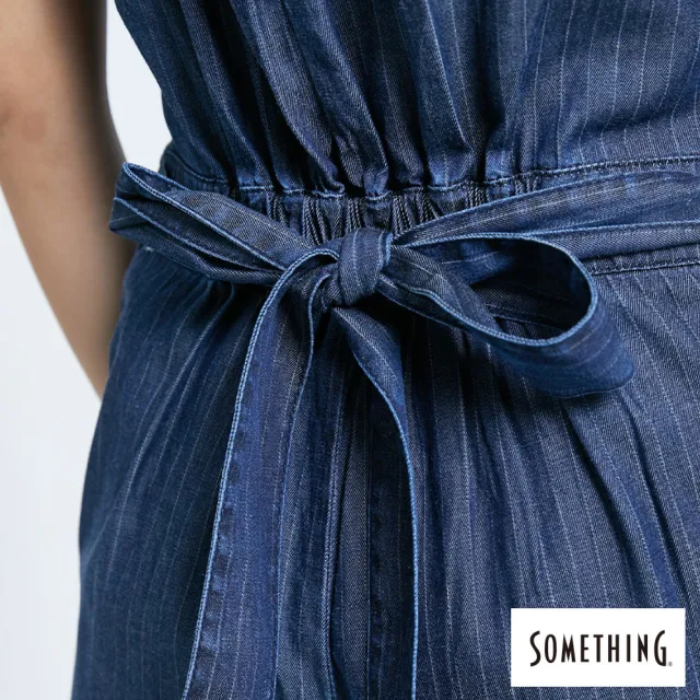【SOMETHING】女裝 NEO FIT綁帶條紋連身寬褲(酵洗藍)