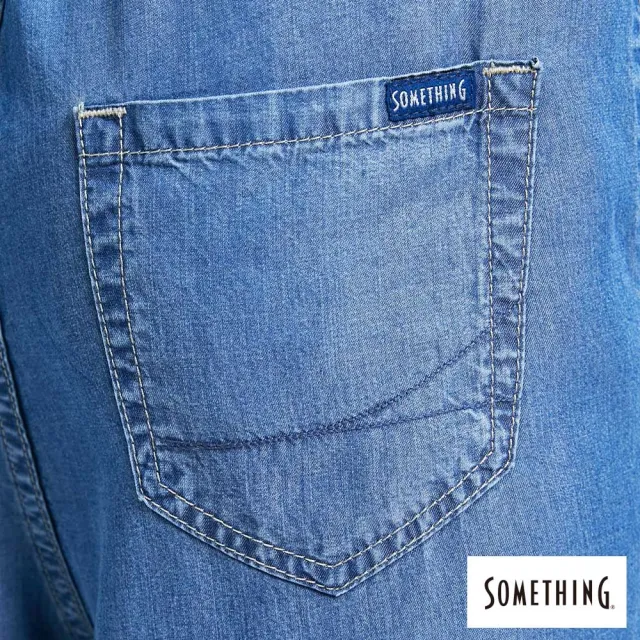 【SOMETHING】女裝 綁繩寬鬆吊袋牛仔長褲(中古藍)