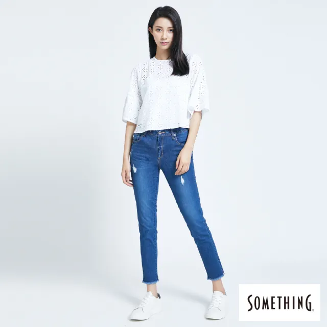 【SOMETHING】女裝 NEO FIT內腰鬆緊帶九分牛仔褲(中古藍)