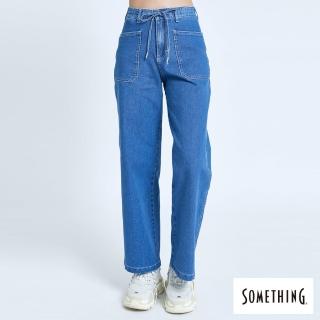 【SOMETHING】女裝 內腰鬆緊綁帶直筒牛仔寬褲(拔洗藍)