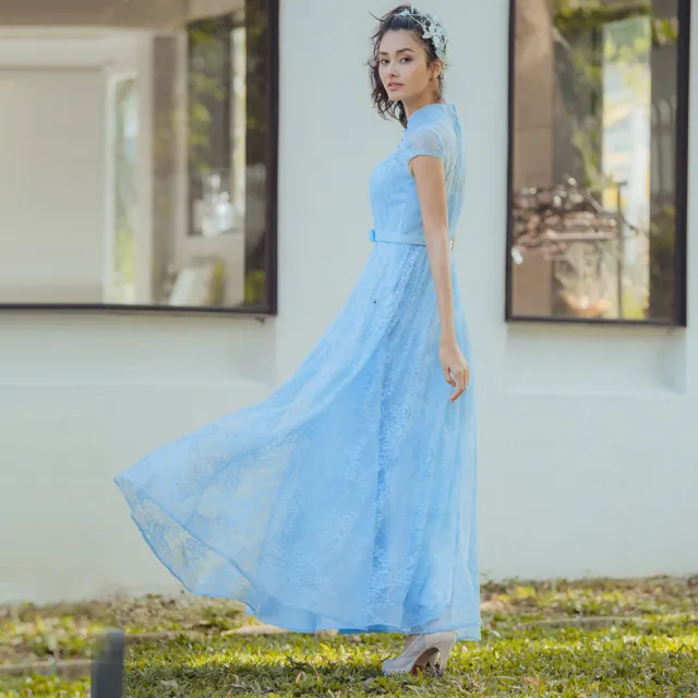 【OMUSES】蕾絲刺繡藍色旗袍長禮服7-2113(S-3L)
