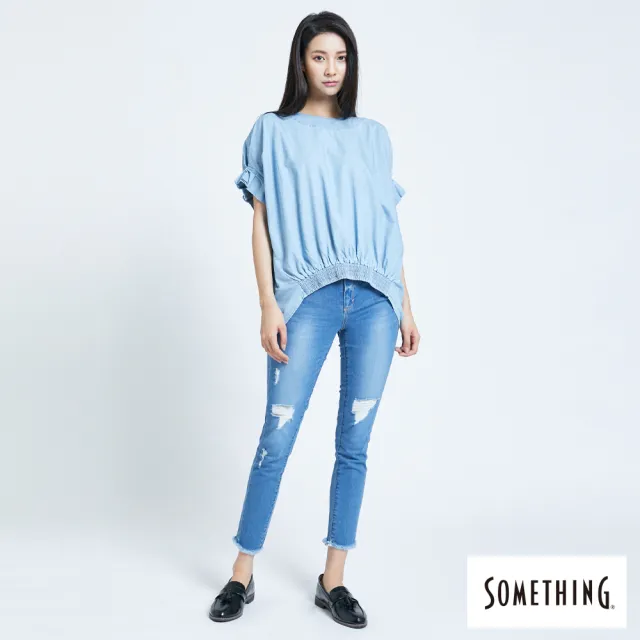 【SOMETHING】女裝 NEO FIT內腰鬆緊帶九分牛仔褲(漂淺藍)